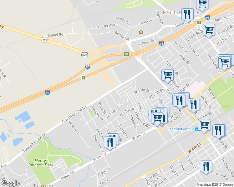 map of restaurants, bars, coffee shops, grocery stores, and more near 1326 Renshaw Road in Chester
