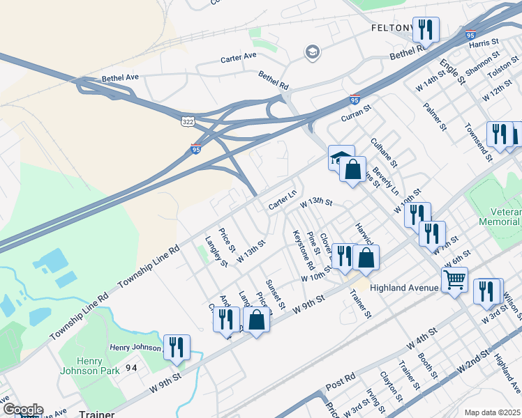 map of restaurants, bars, coffee shops, grocery stores, and more near 1326 Renshaw Road in Chester