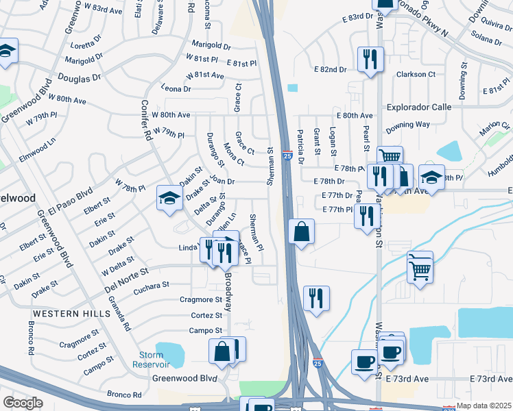 map of restaurants, bars, coffee shops, grocery stores, and more near 7745 Sherman Street in Denver