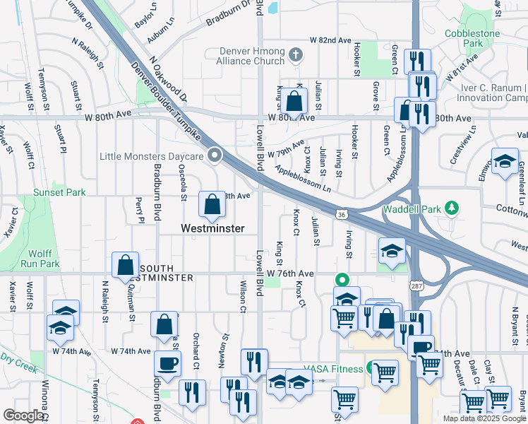 map of restaurants, bars, coffee shops, grocery stores, and more near 7725 Lowell Boulevard in Westminster