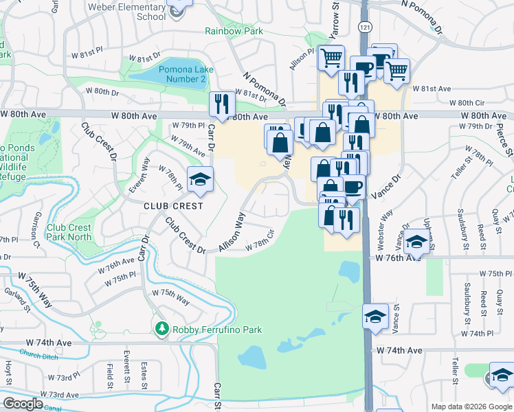 map of restaurants, bars, coffee shops, grocery stores, and more near 8039 West 78th Place in Arvada
