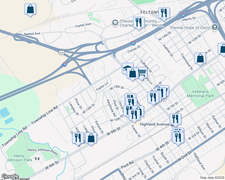 map of restaurants, bars, coffee shops, grocery stores, and more near 1234 Pine Street in Chester