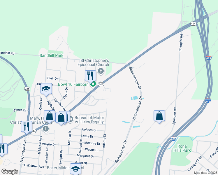 map of restaurants, bars, coffee shops, grocery stores, and more near 35 Vanderbilt Drive in Fairborn
