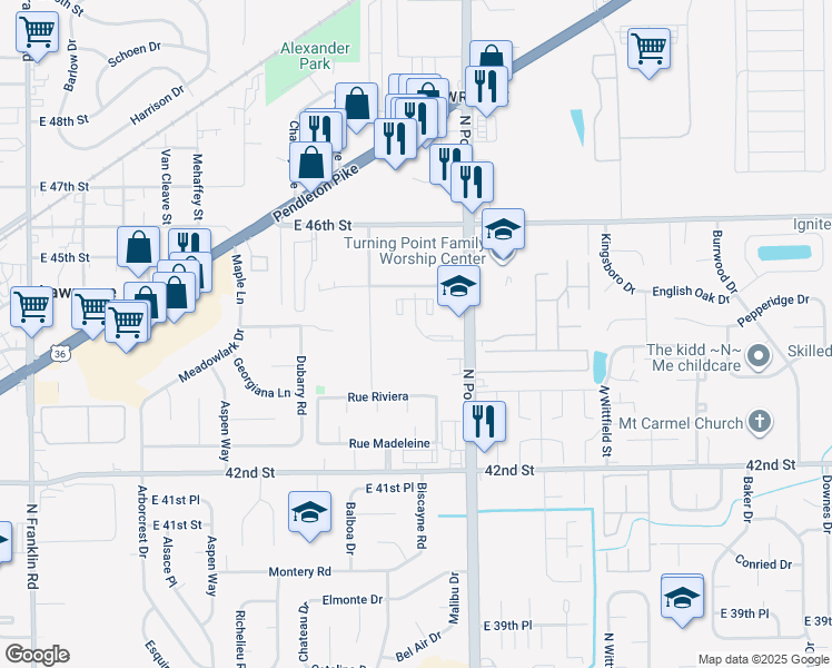 map of restaurants, bars, coffee shops, grocery stores, and more near 8901 Duxbury Road in Lawrence