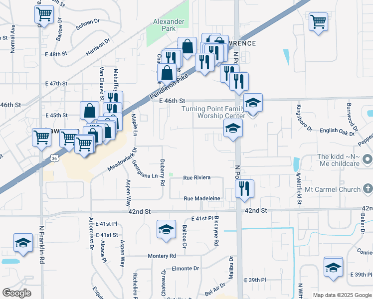 map of restaurants, bars, coffee shops, grocery stores, and more near 4342 Clinton Street in Indianapolis