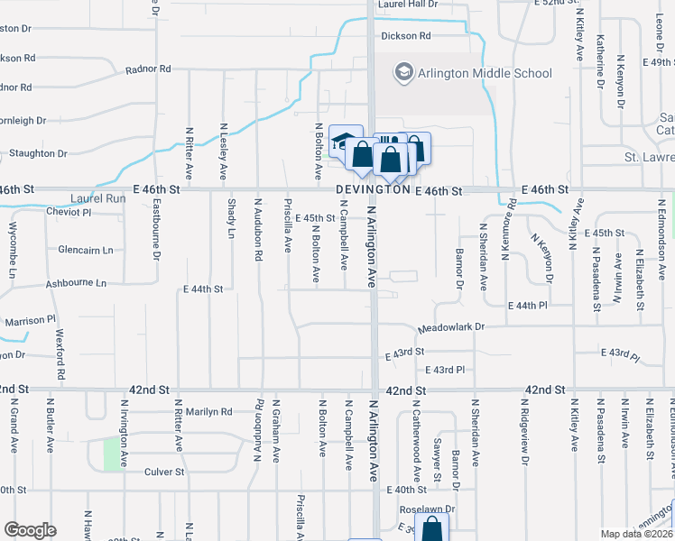 map of restaurants, bars, coffee shops, grocery stores, and more near 5888 East 44th Street in Indianapolis
