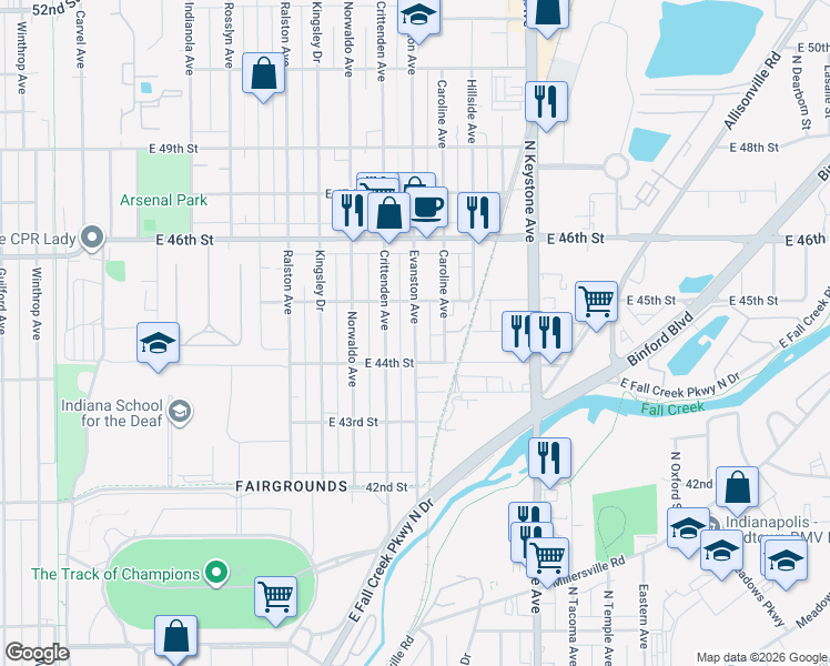 map of restaurants, bars, coffee shops, grocery stores, and more near 4414 Evanston Avenue in Indianapolis