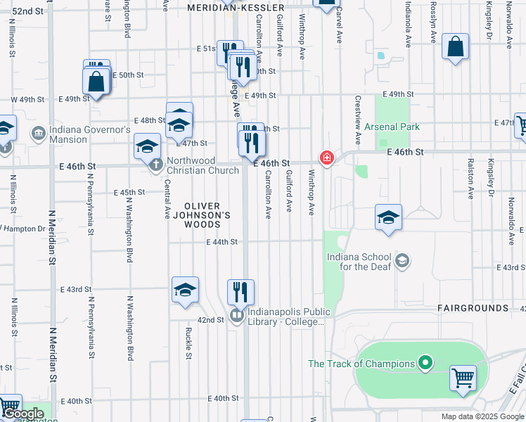 map of restaurants, bars, coffee shops, grocery stores, and more near 4435 Carrollton Avenue in Indianapolis