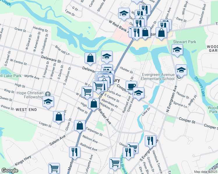 map of restaurants, bars, coffee shops, grocery stores, and more near 16 Curtis Avenue in Woodbury