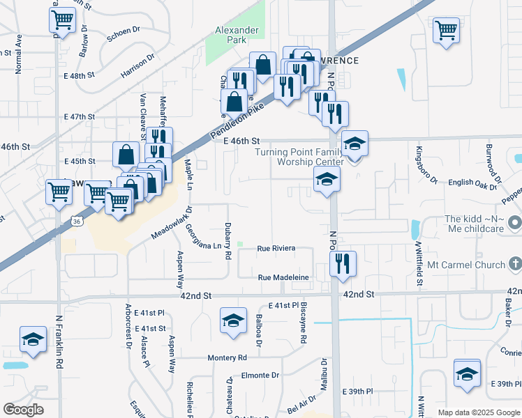 map of restaurants, bars, coffee shops, grocery stores, and more near 4342 Clinton Street in Indianapolis