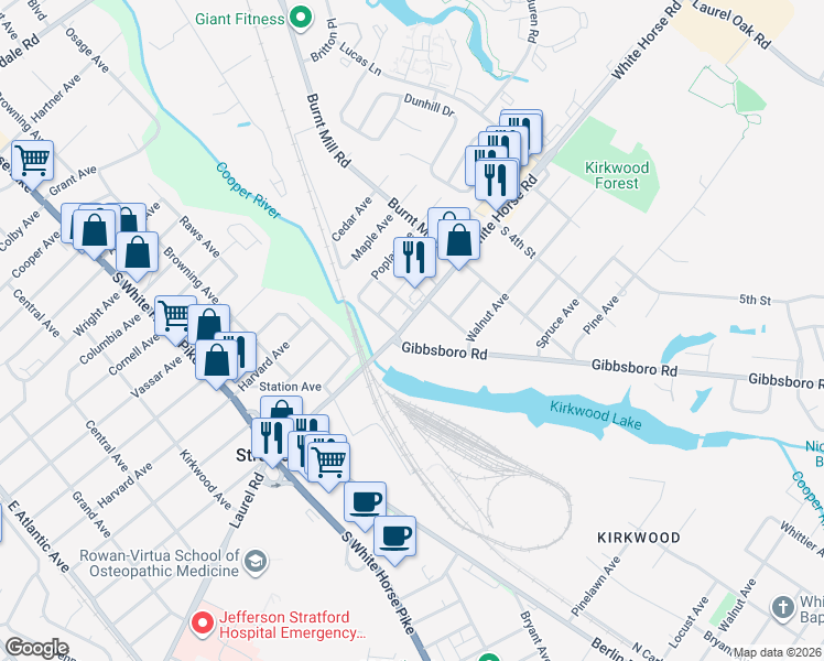 map of restaurants, bars, coffee shops, grocery stores, and more near 1109 Gibbsboro Road in Voorhees Township