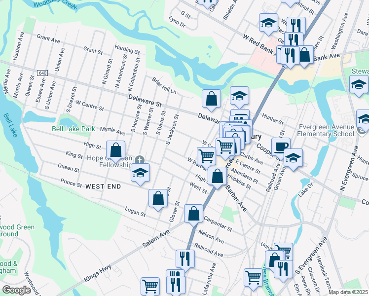 map of restaurants, bars, coffee shops, grocery stores, and more near 145 West Barber Avenue in Woodbury