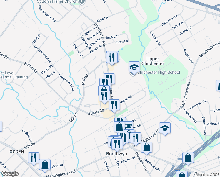 map of restaurants, bars, coffee shops, grocery stores, and more near 3360 Chichester Avenue in Boothwyn
