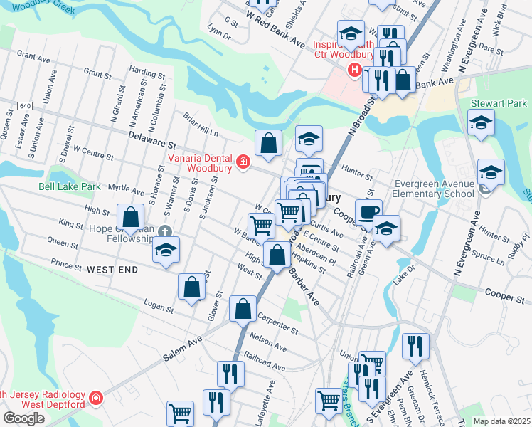map of restaurants, bars, coffee shops, grocery stores, and more near 57 West Centre Street in Woodbury