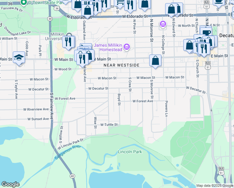 map of restaurants, bars, coffee shops, grocery stores, and more near 437 Boyd Street in Decatur