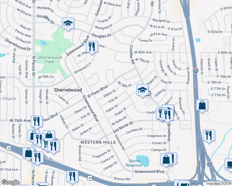 map of restaurants, bars, coffee shops, grocery stores, and more near 580 Erie Street in Denver