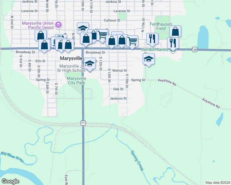 map of restaurants, bars, coffee shops, grocery stores, and more near 550-598 South 14th Street in Marysville