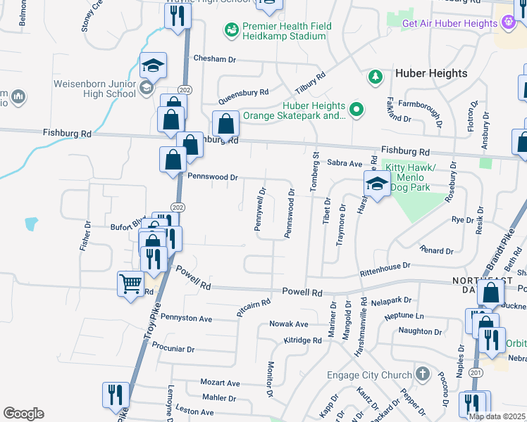 map of restaurants, bars, coffee shops, grocery stores, and more near 5764 Pennywell Drive in Dayton