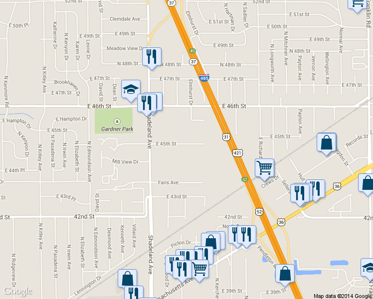 map of restaurants, bars, coffee shops, grocery stores, and more near 7129 East 45th Street in Indianapolis