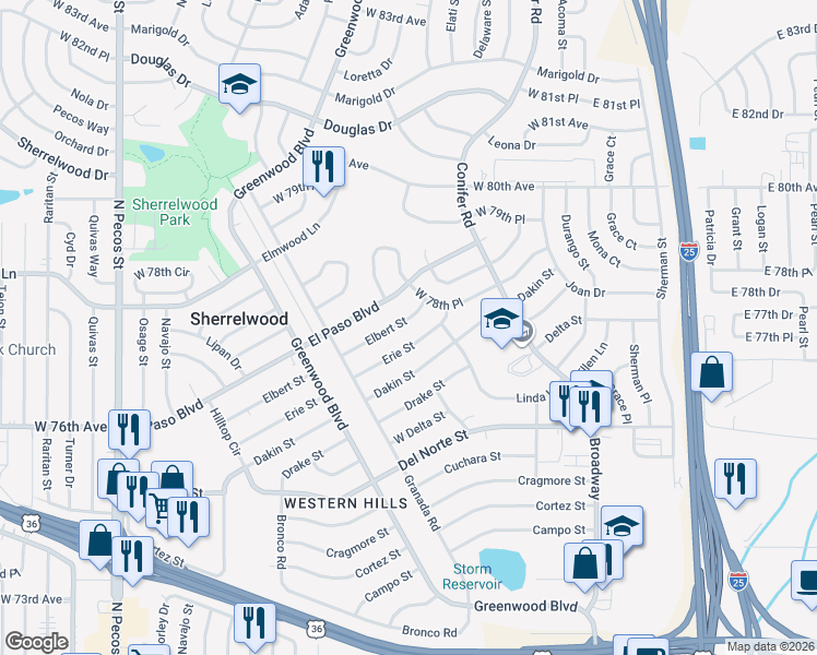 map of restaurants, bars, coffee shops, grocery stores, and more near 580 Erie Street in Denver
