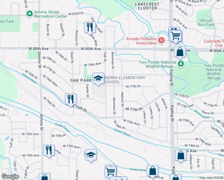 map of restaurants, bars, coffee shops, grocery stores, and more near 7737 Newman Street in Arvada