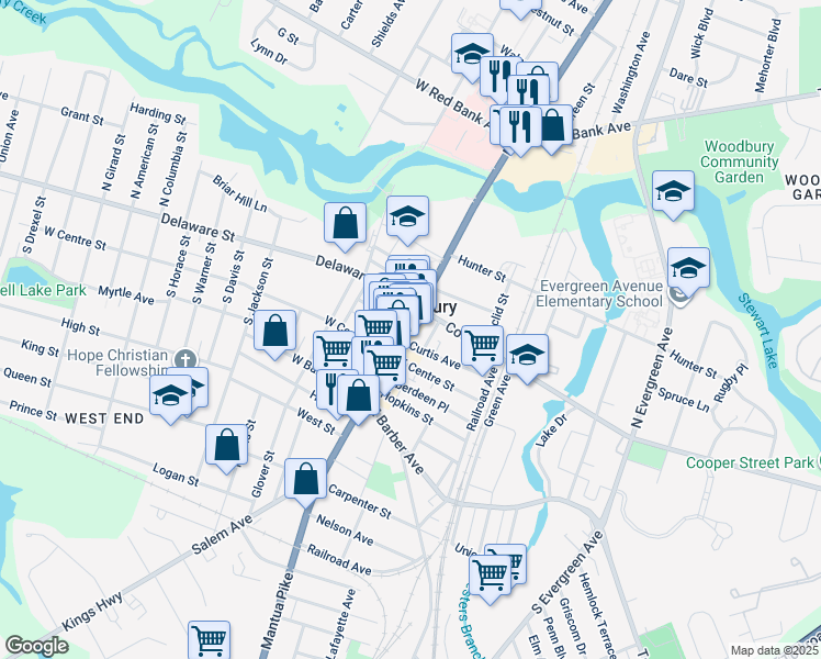 map of restaurants, bars, coffee shops, grocery stores, and more near 16 Curtis Avenue in Woodbury