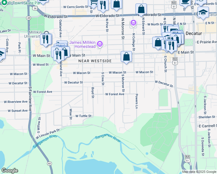 map of restaurants, bars, coffee shops, grocery stores, and more near 401-499 S Seigel St in Decatur