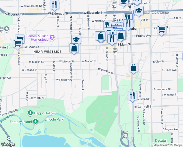 map of restaurants, bars, coffee shops, grocery stores, and more near 455 South Edward Street in Decatur