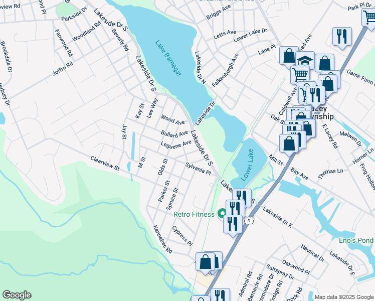 map of restaurants, bars, coffee shops, grocery stores, and more near 1212 Holly Place in Lacey Township