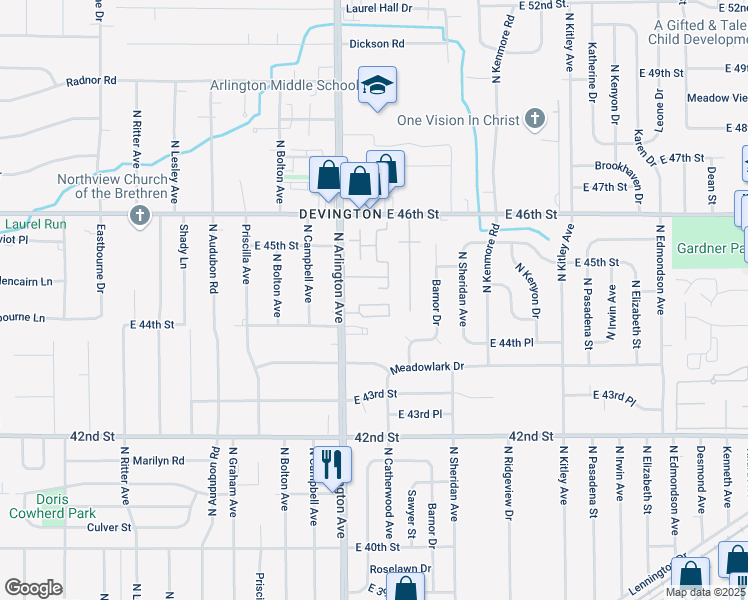map of restaurants, bars, coffee shops, grocery stores, and more near 6035 Williamsburg Court in Indianapolis