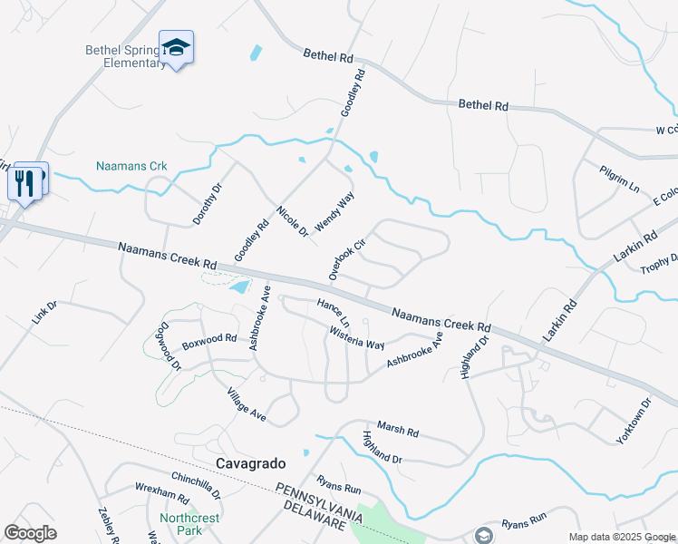 map of restaurants, bars, coffee shops, grocery stores, and more near 93 Overlook Circle in Garnet Valley