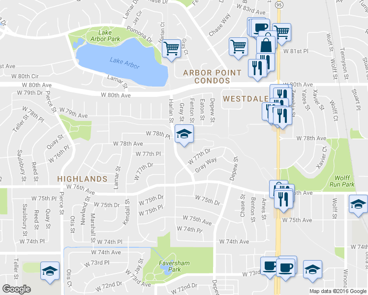 map of restaurants, bars, coffee shops, grocery stores, and more near 7750 Harlan Street in Arvada
