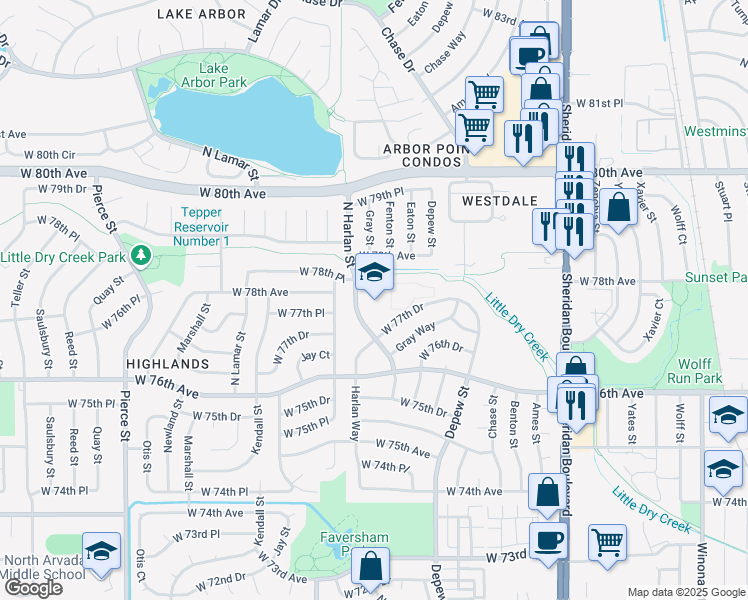 map of restaurants, bars, coffee shops, grocery stores, and more near 7750 Harlan Street in Arvada