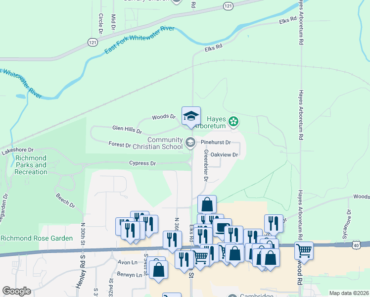 map of restaurants, bars, coffee shops, grocery stores, and more near 513 Elks Road in Richmond