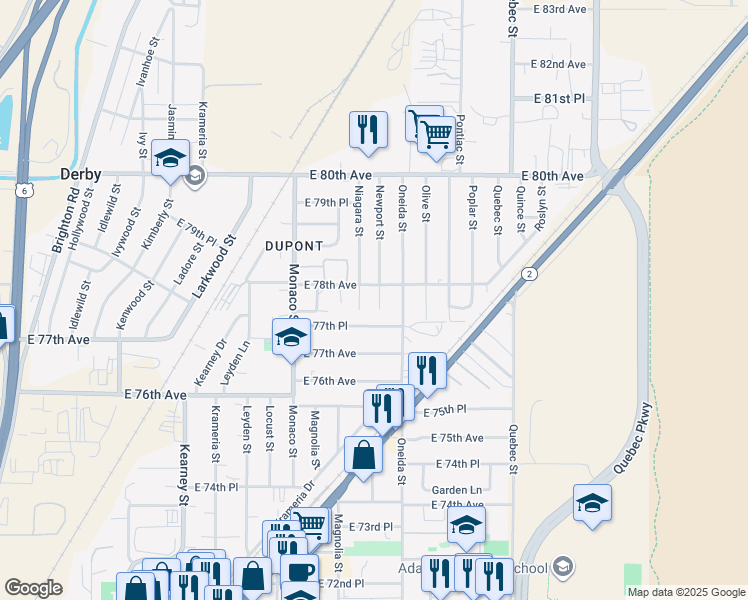 map of restaurants, bars, coffee shops, grocery stores, and more near 6851 East 77th Place in Commerce City