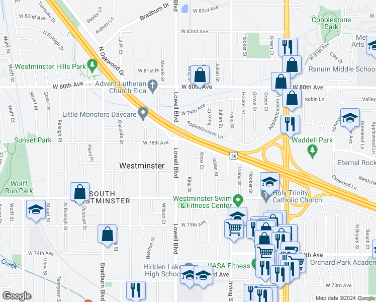 map of restaurants, bars, coffee shops, grocery stores, and more near 7740 King Street in Westminster
