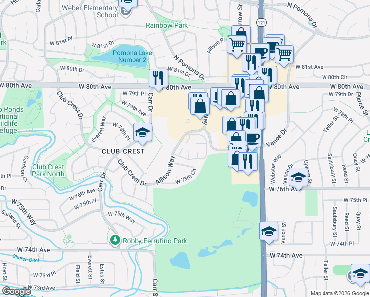 map of restaurants, bars, coffee shops, grocery stores, and more near 8039 West 78th Place in Arvada
