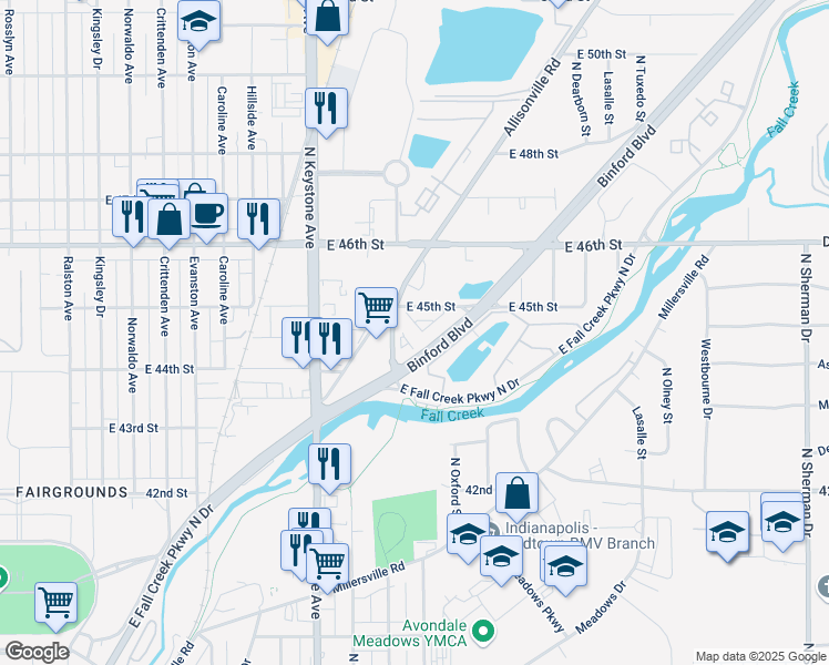 map of restaurants, bars, coffee shops, grocery stores, and more near 2717 Anna Lane in Indianapolis
