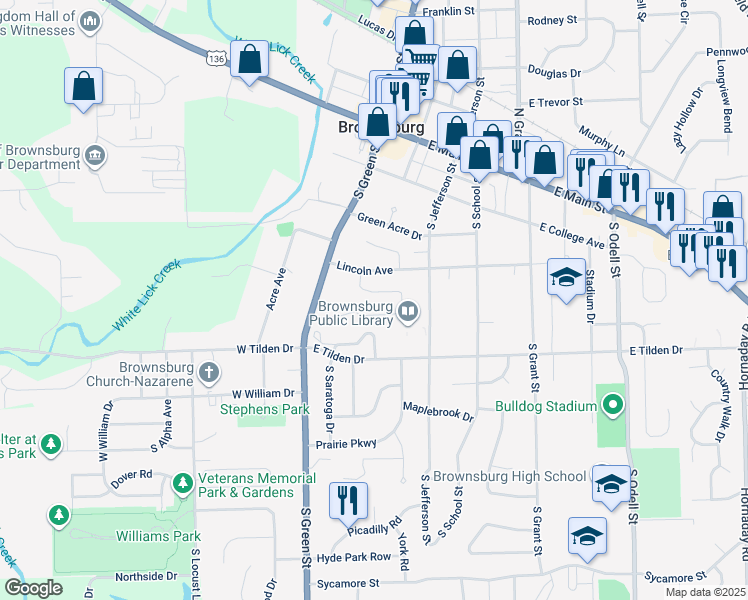 map of restaurants, bars, coffee shops, grocery stores, and more near 7133 Meadow Trail in Brownsburg