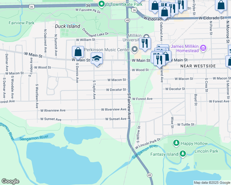map of restaurants, bars, coffee shops, grocery stores, and more near 1300-1398 W Forest Ave in Decatur