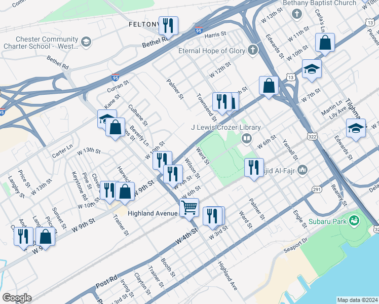 map of restaurants, bars, coffee shops, grocery stores, and more near 2519 West 9th Street in Chester