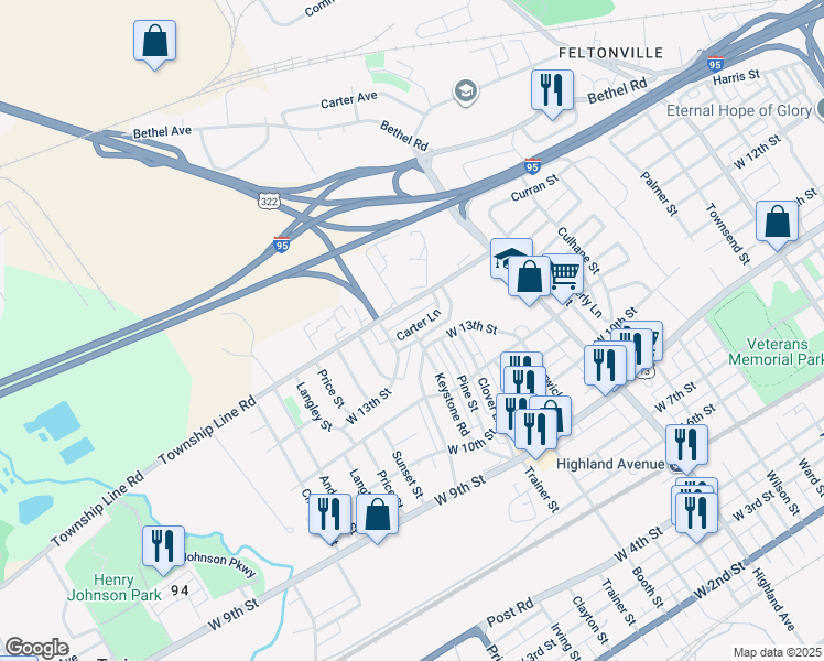 map of restaurants, bars, coffee shops, grocery stores, and more near 3400 Carter Ln in Chester