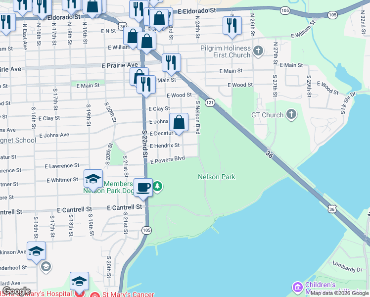 map of restaurants, bars, coffee shops, grocery stores, and more near 2301-2339 East Powers Boulevard in Decatur
