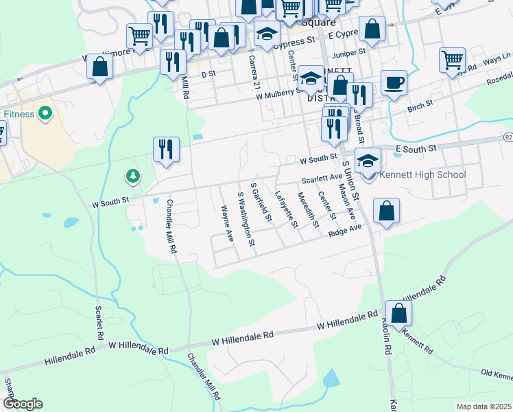 map of restaurants, bars, coffee shops, grocery stores, and more near 708 South Garfield Street in Kennett Square