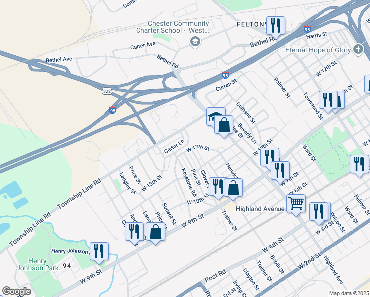 map of restaurants, bars, coffee shops, grocery stores, and more near 3214 West 13th Street in Chester