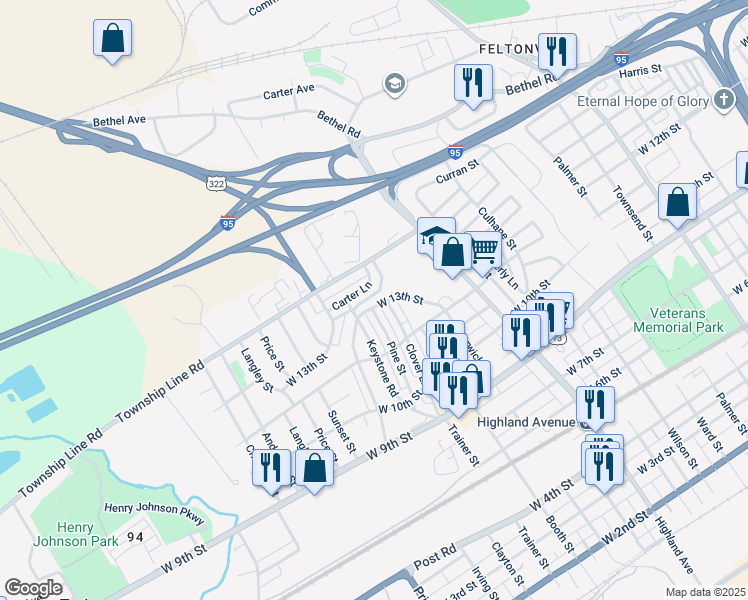 map of restaurants, bars, coffee shops, grocery stores, and more near 3214 West 13th Street in Chester