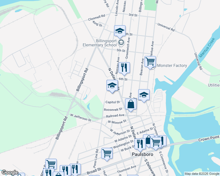 map of restaurants, bars, coffee shops, grocery stores, and more near 670 North Delaware Street in Paulsboro