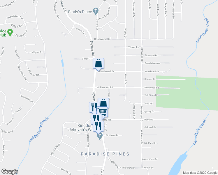 map of restaurants, bars, coffee shops, grocery stores, and more near Hollywood Road & Vine Road in Magalia
