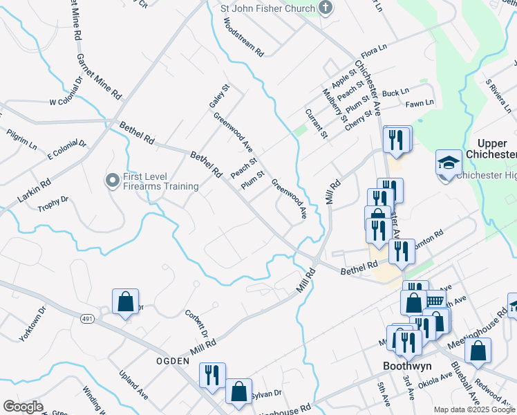 map of restaurants, bars, coffee shops, grocery stores, and more near 3517 Bethel Road in Boothwyn
