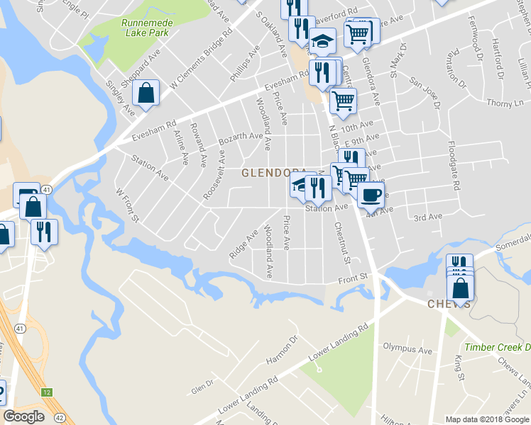 map of restaurants, bars, coffee shops, grocery stores, and more near 496 Station Avenue in Gloucester Township